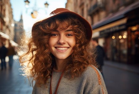 Portrait of a smiling young woman with curly hair in a hat on a city streetの素材