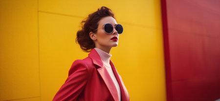 woman walking in front of clock while wearing sunglasses.の素材