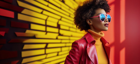 woman walking in front of clock while wearing sunglasses.の素材