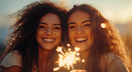 Two joyful friends holding sparklers celebrate together during a beautiful sunset, their smiles lighting up the evening.の素材