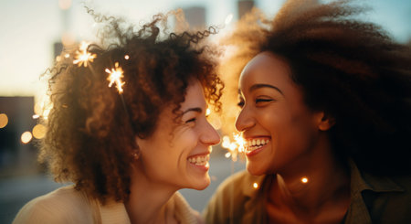 Two joyful friends holding sparklers celebrate together during a beautiful sunset, their smiles lighting up the evening.の素材