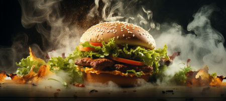 a burger is shown with smoke coming off of it.の素材