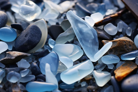 a close up photo of glass shards and debris on the beach.の素材
