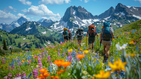 A breathtaking image of hikers trekking up a mountain trail.の素材