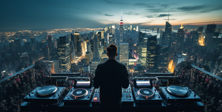 a dj making music in the middle of a city.の素材