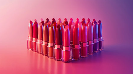 A colorful and minimalist shot of a collection of unbranded lipsticks arranged in a gradient pattern, showing the beauty of the different shades.の素材