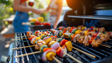 A festive scene of friends or family enjoying a barbecue party outdoors, with colorful grilled vegetables and meats on the grill.の素材