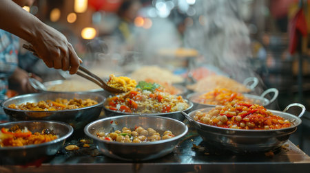 A lively shot of a person enjoying a delicious street food meal.の素材