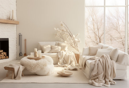 a living room filled with different white throw blankets.の素材