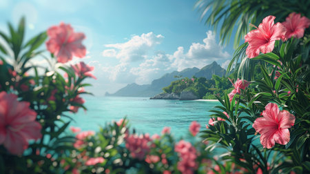 A minimalist composition of a tropical paradise, featuring lush greenery, exotic flowers, and a glimpse of turquoise water in the background, evoking a sense of relaxation and escape.の素材