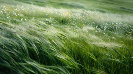 A minimalist composition of a grassy meadow, with tall grass swaying in the wind and scattered wildflowers, evoking a sense of freedom and openness.の素材