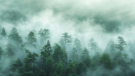 A minimalist photograph of a misty forest, with tall trees fading into the fog and a soft, diffused light filtering through the branches, creating a dreamy and ethereal atmosphere.の素材