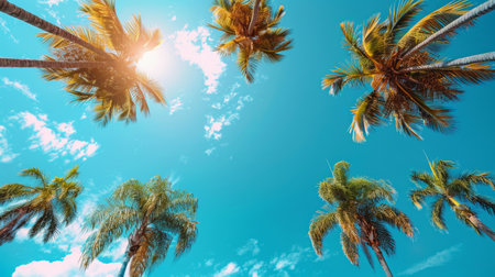 A minimalist composition of tall palm trees against a bright blue sky, creating a striking and tropical backdrop with a clean space for text placement.の素材