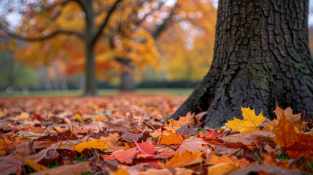 autumn leaves, with a few colorful leaves scattered on the ground and a single tree shedding its foliage, capturing the essence of the changing seasons.の素材