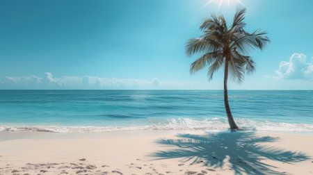 sandy beach, with clear blue skies, sparkling water, and a single palm tree casting a shadow, capturing the essence of a perfect summer day.の素材