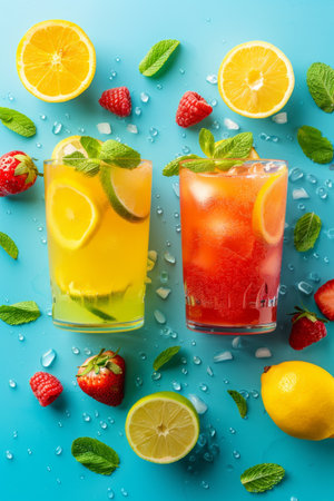 A minimalist arrangement of colorful summer drinks like lemonade and fruit smoothies, set against a bright.の素材