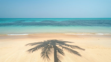 sandy beach, with clear blue skies, sparkling water, and a single palm tree casting a shadow, capturing the essence of a perfect summer day.の素材