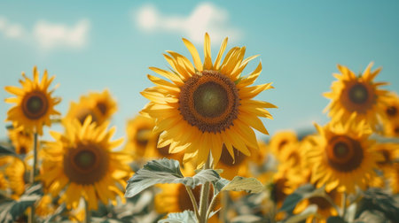 sunflower field, with tall sunflowers standing against a clear blue sky, their bright yellow petals glowing in the sunlight, symbolizing summer's warmth and energy.の素材