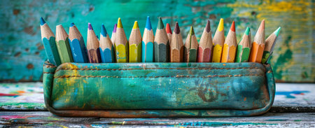 a pencil case with pencils and books.の素材