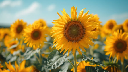 A sunflower field with tall sunflowers standing against a clear blue sky, their bright yellow petals glowing in the sunlight, symbolizing summer's warmth and energy.の素材