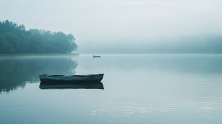 tranquil lake, with clear water reflecting the surrounding trees and a single boat floating in the distance, conveying a sense of calm and serenity.の素材