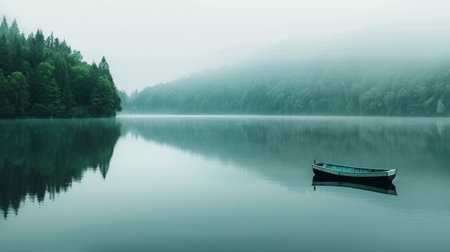 tranquil lake, with clear water reflecting the surrounding trees and a single boat floating in the distance, conveying a sense of calm and serenity.の素材