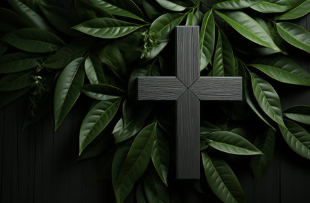 a wooden cross and a palm leaf on background.の素材