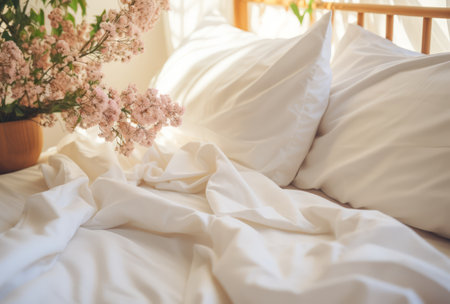 a white bed set with white sheets and pillows.の素材