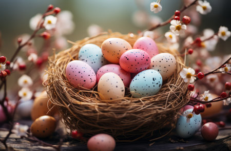 An Easter basket filled with colored eggs, a traditional symbol of the holiday.の素材