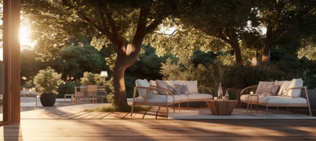 a wooden deck with outdoor furniture near a large tree.の素材