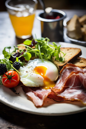 an artisanal English breakfast, with locally sourced ingredients and homemade preserves, presented with artistic flair and attention to detail.の素材
