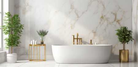 a white marble and gold bathroom with some flowers and potted plants.の素材