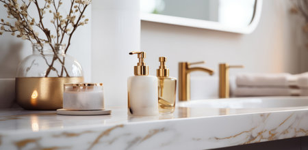 a room with a bathroom with white marble countertop and gold.の素材