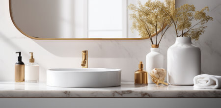 a room with a bathroom with white marble countertop and gold.の素材