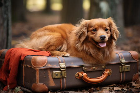 relocating a dog. dog lies on a suitcase.の素材