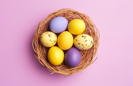 colorful easter eggs nestled in a wicker basket on pink background.の素材
