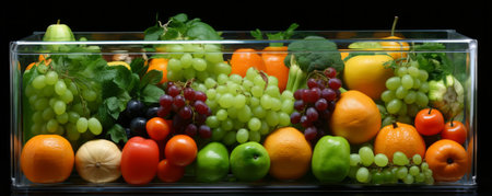 fruit and vegetables in a plastic container in a table.の素材