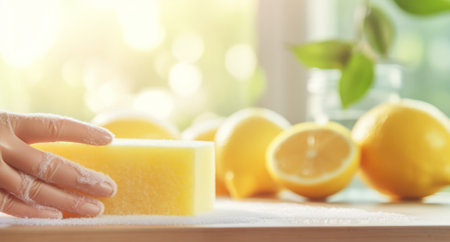 hands of woman cleaning sponge with soap and lemons in kitchen.の素材