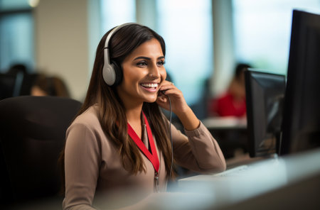 contact center worker smiling at the computer.の素材