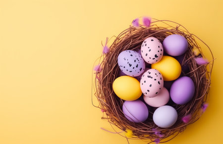 colorful easter eggs nestled in a wicker basket on yellow background.の素材