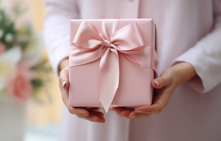 someone's hand holding a gift box.の素材