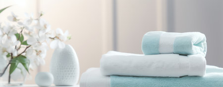 white soap and towels on a white table.の素材