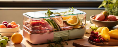 colorful lunch box with fruit and deli meats on table.の素材