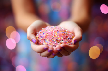 woman hand holding colorful confetti with pink background.の素材