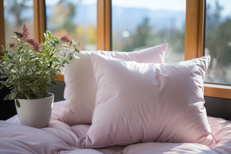 the pillows are on a bed filled with a white comforter.の素材