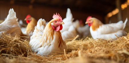 more chickens in hay for better farming.の素材