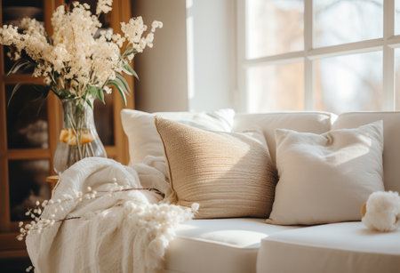 white couch with pillows and other things in a living room.の素材
