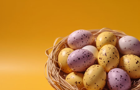 some eggs in a basket on a yellow background.の素材
