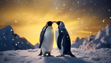 two penguins standing on the snow background.の素材