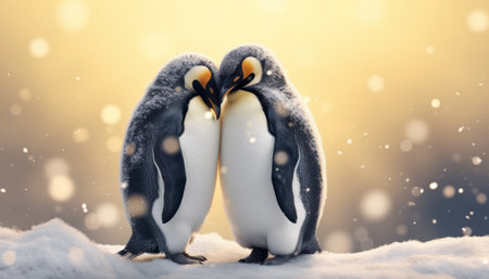 two penguins embracing each other in the snow, in the style of rendered in cinema4d, 32k uhd, gray and amber, i can't believe how beautiful this is, spectacular backdrops, yellow and black, realistic --ar 61:35 -- style raw --v 5.2 Job ID: f27917ce-3f4c-4c4f-9efa-07f5e8cd5c88の素材